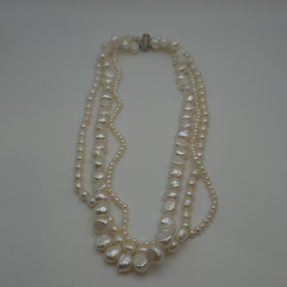 19 Inch Sterling Silver Triple Strand Genuine Pearls Necklace B212 - Picture 2 of 8